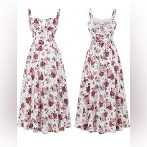 NWOT Rose Slit Lace Up Corset Floral Midi dress in Pink & Red Sz Medium